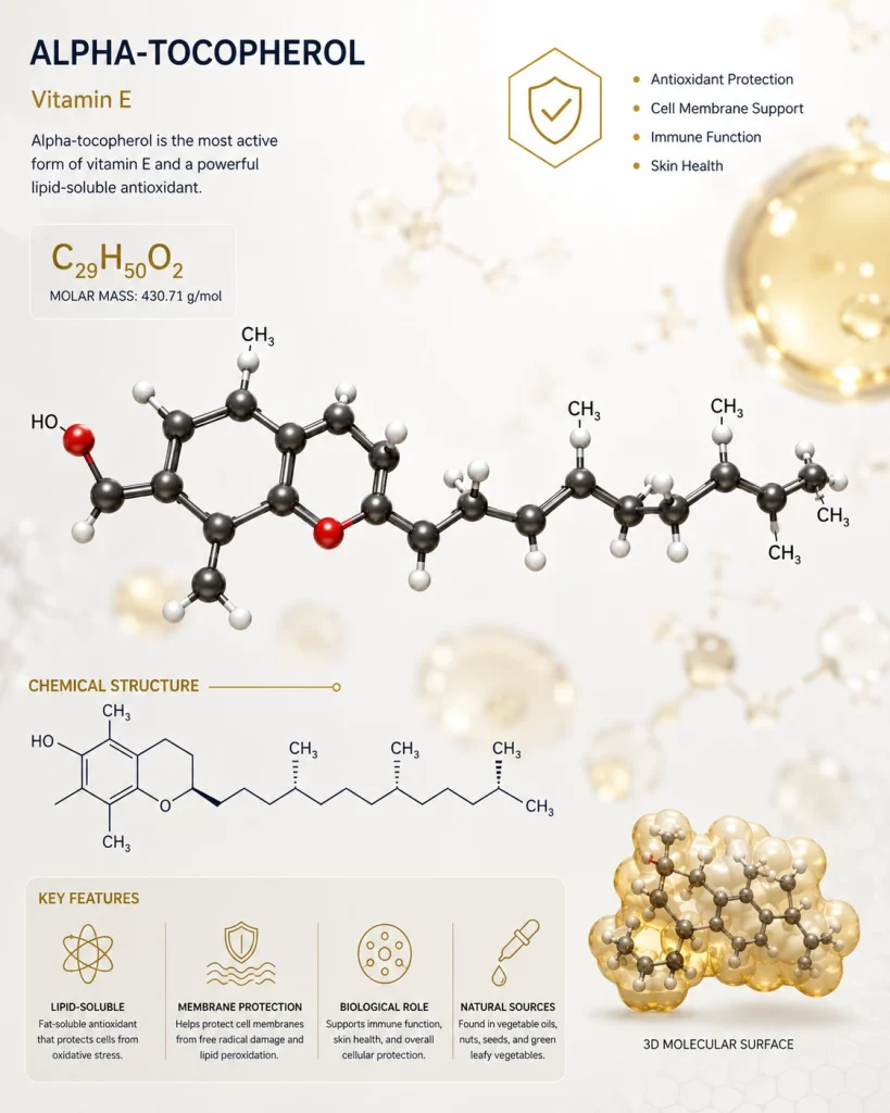 Хімічна структура токоферолу ацетату (Tocopheryl Acetate) — похідна вітаміну Е