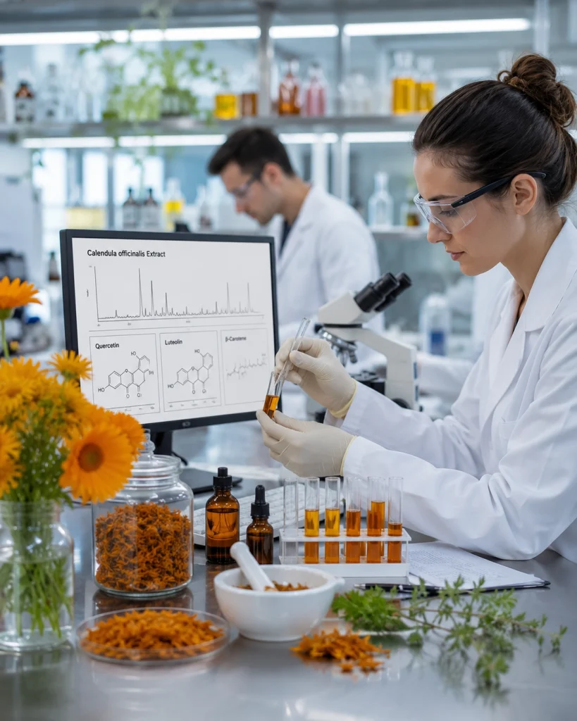 Ботанічна схема рослини Calendula officinalis: квітки, листя та корінь
