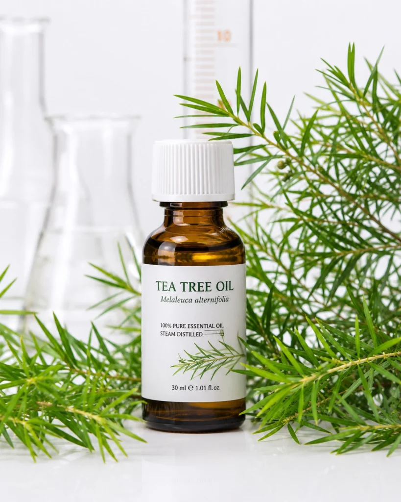 Ефірна олія чайного дерева: флакон Tea Tree Oil біля гілок рослини