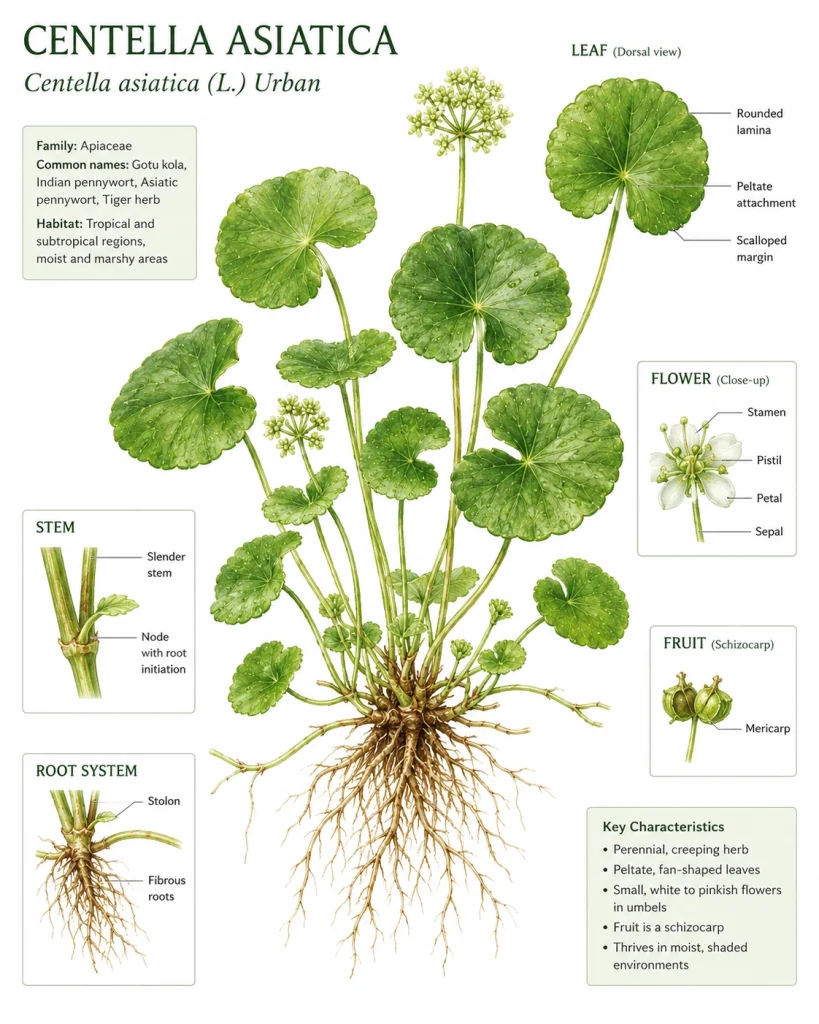Ботанічна схема рослини Centella asiatica: листя, квіти та коренева система
